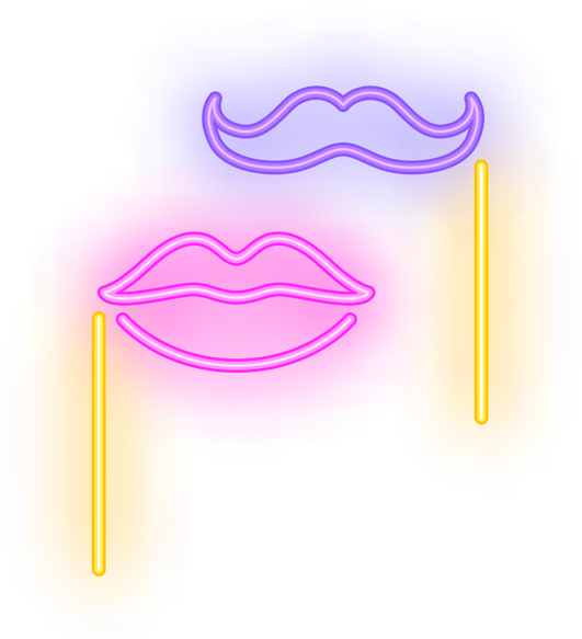 Fake moustache and lips on sticks neon sign. Party or advertisement design. Night bright neon sign, colorful billboard, light banner. Illustration in neon style.